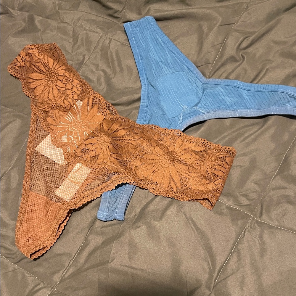 Aerie Blue and Brown Lace Thong Set